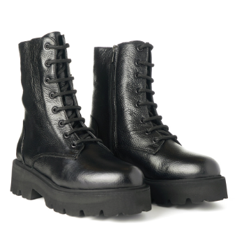 Black grained leather combat boots